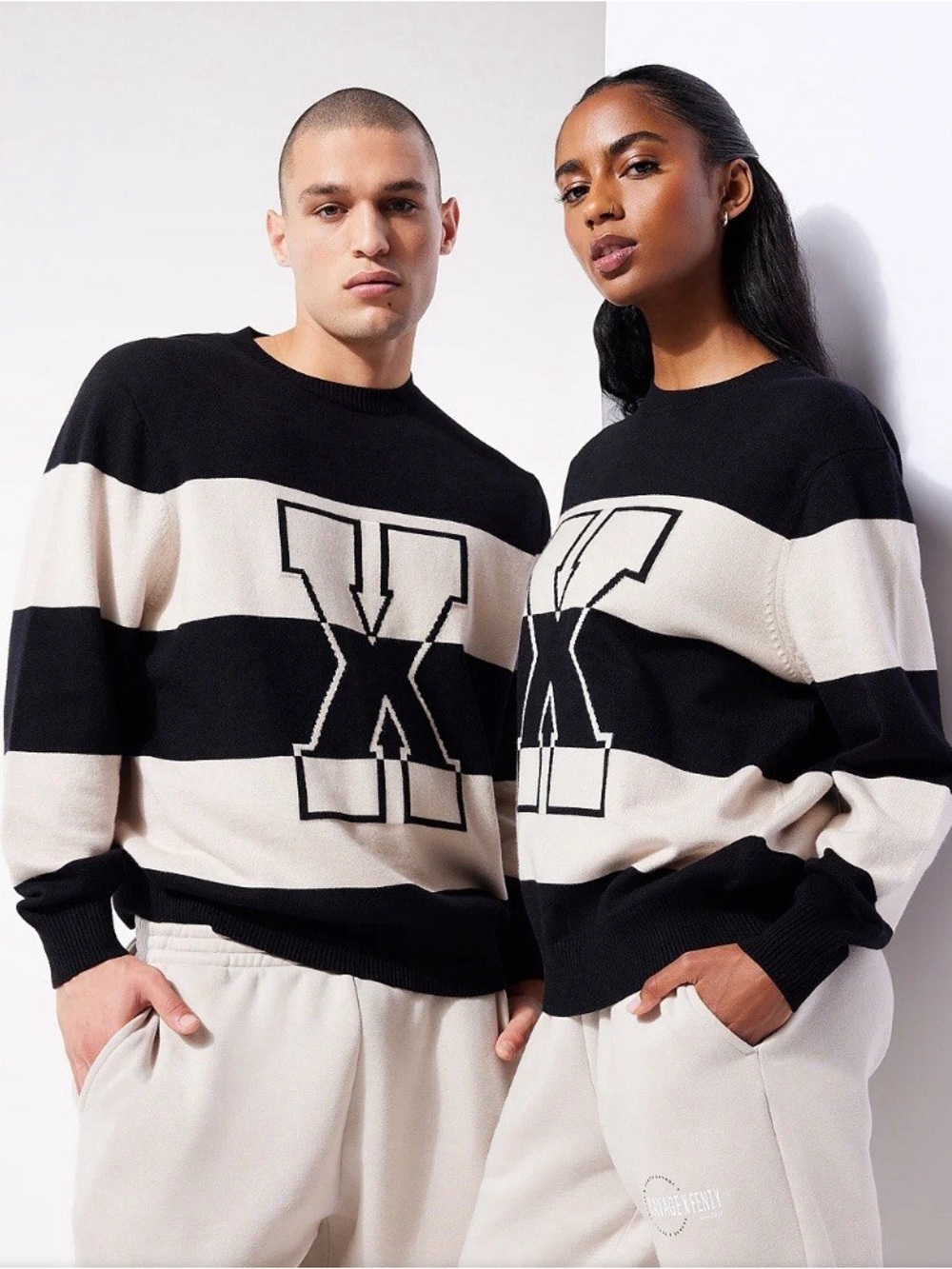 Savage X Fenty Black and Cream Striped Sweater with 'X' Graphic